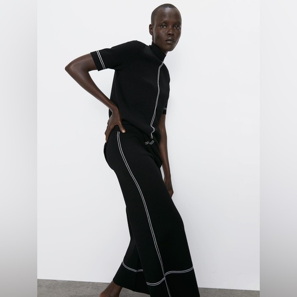 Zara Black Wide-Leg Pants with White Stitching - Picture 3 of 5